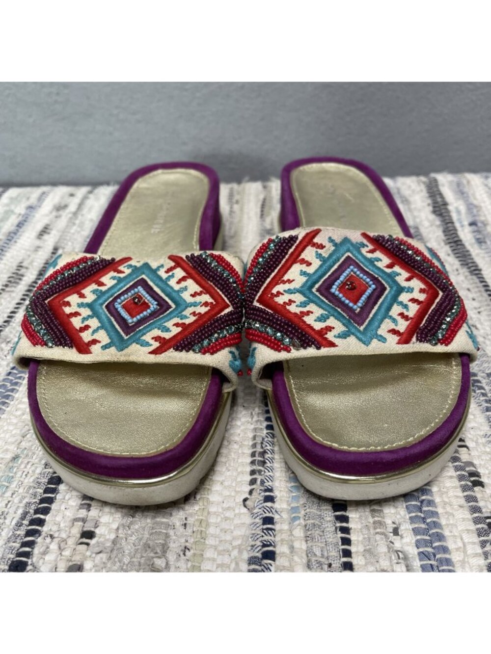 Donald Pliner Womens Purple & Gold Embellished Sandals Beaded Aztec Design 8 - Picture 3 of 10